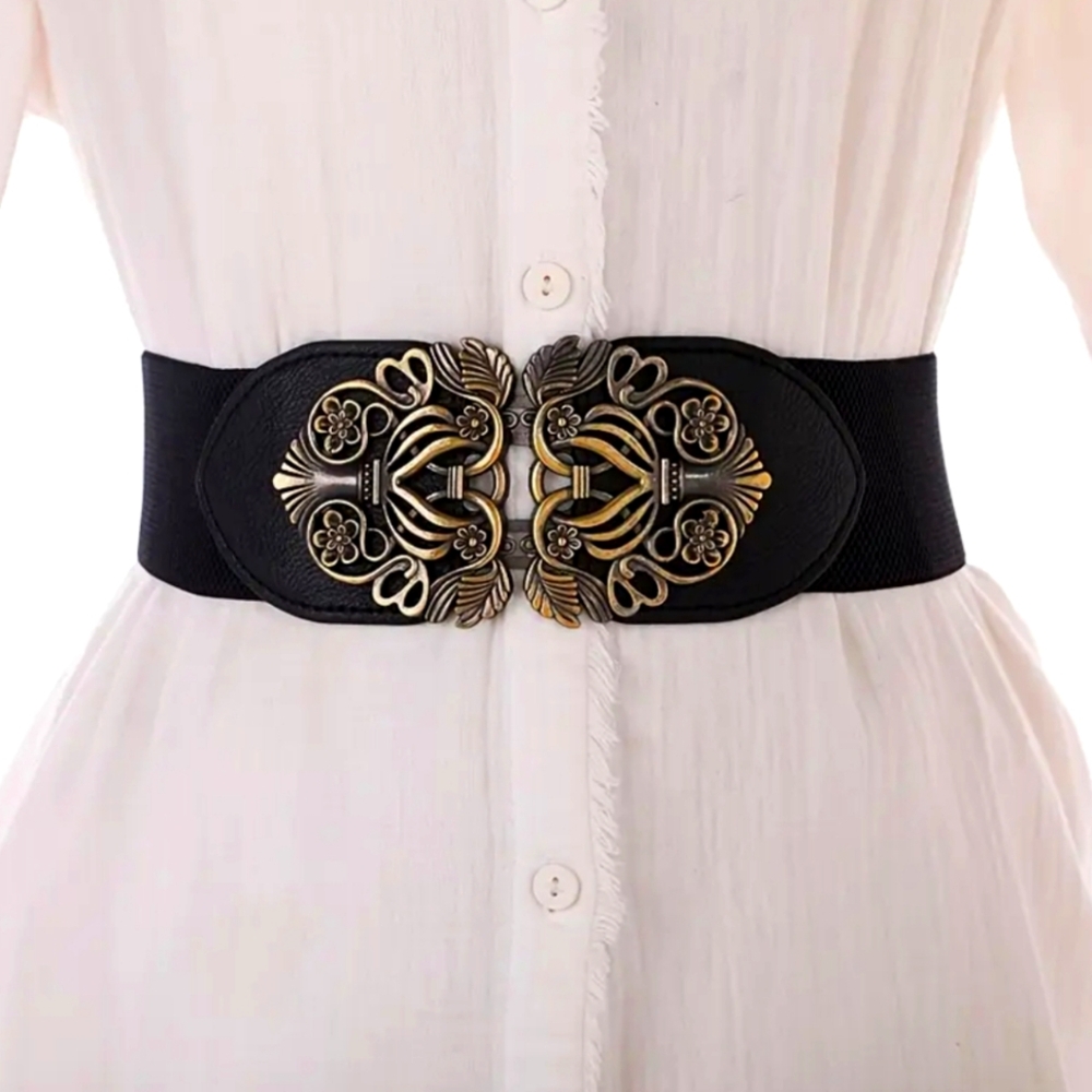 Retro Style‎ Elegant Black and Gold Elastic Women's Belt One Size